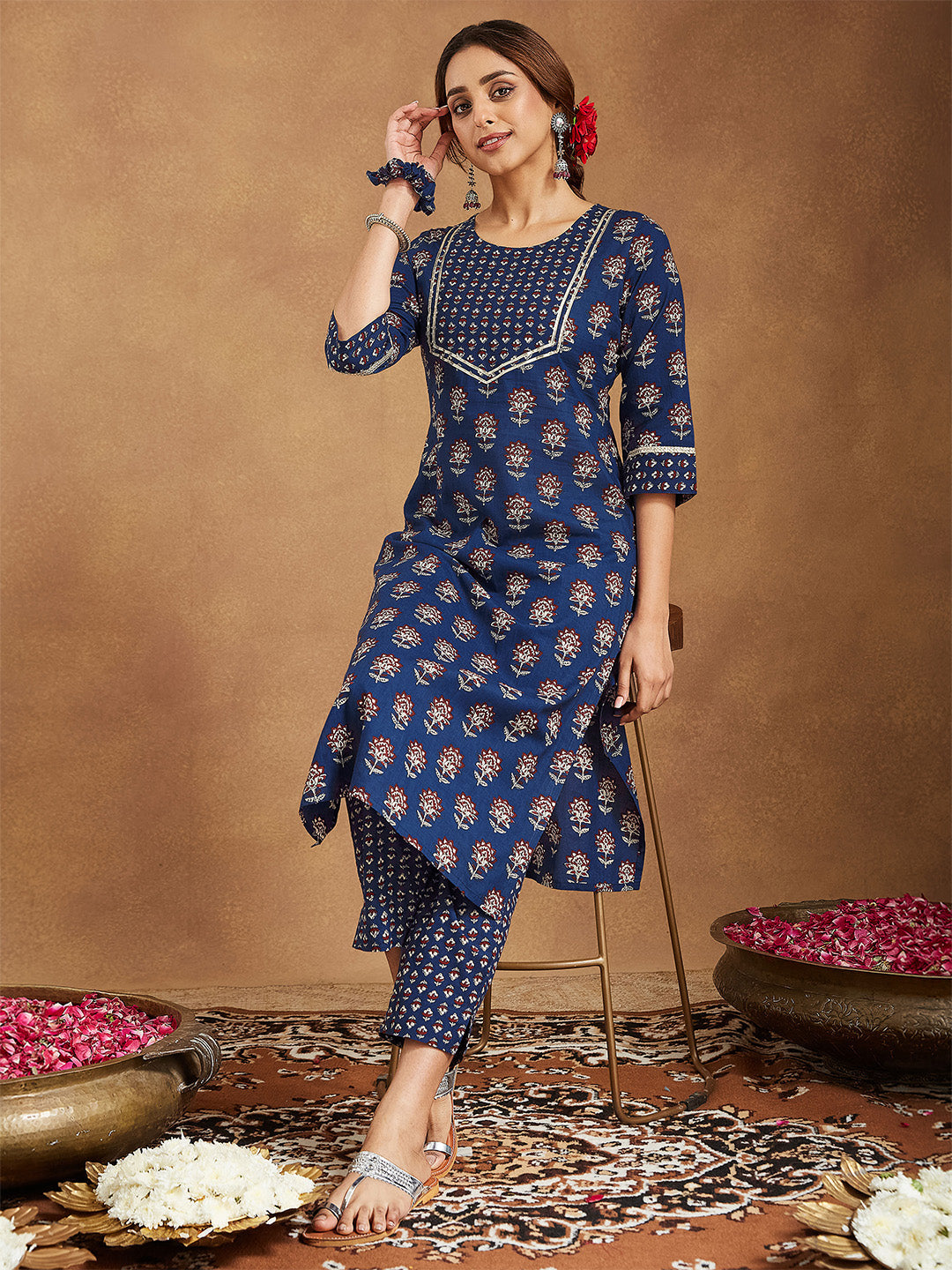 Women's Dark Blue Pure Cotton Floral Printed Straight Kurta Pant Set