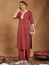 Women's Maroon Pure Cotton Embellished Floral Printed Straight Kurta With Pant Set