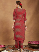 Women's Maroon Pure Cotton Embellished Floral Printed Straight Kurta With Pant Set