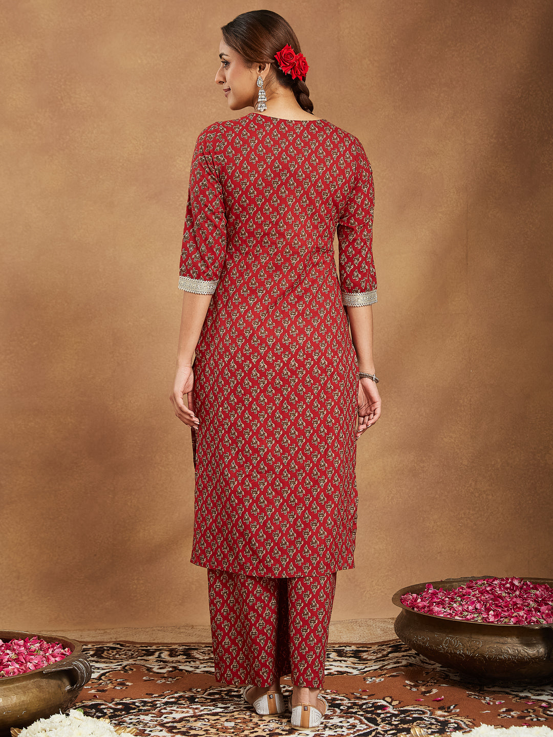 Women's Maroon Pure Cotton Embellished Floral Printed Straight Kurta With Pant Set