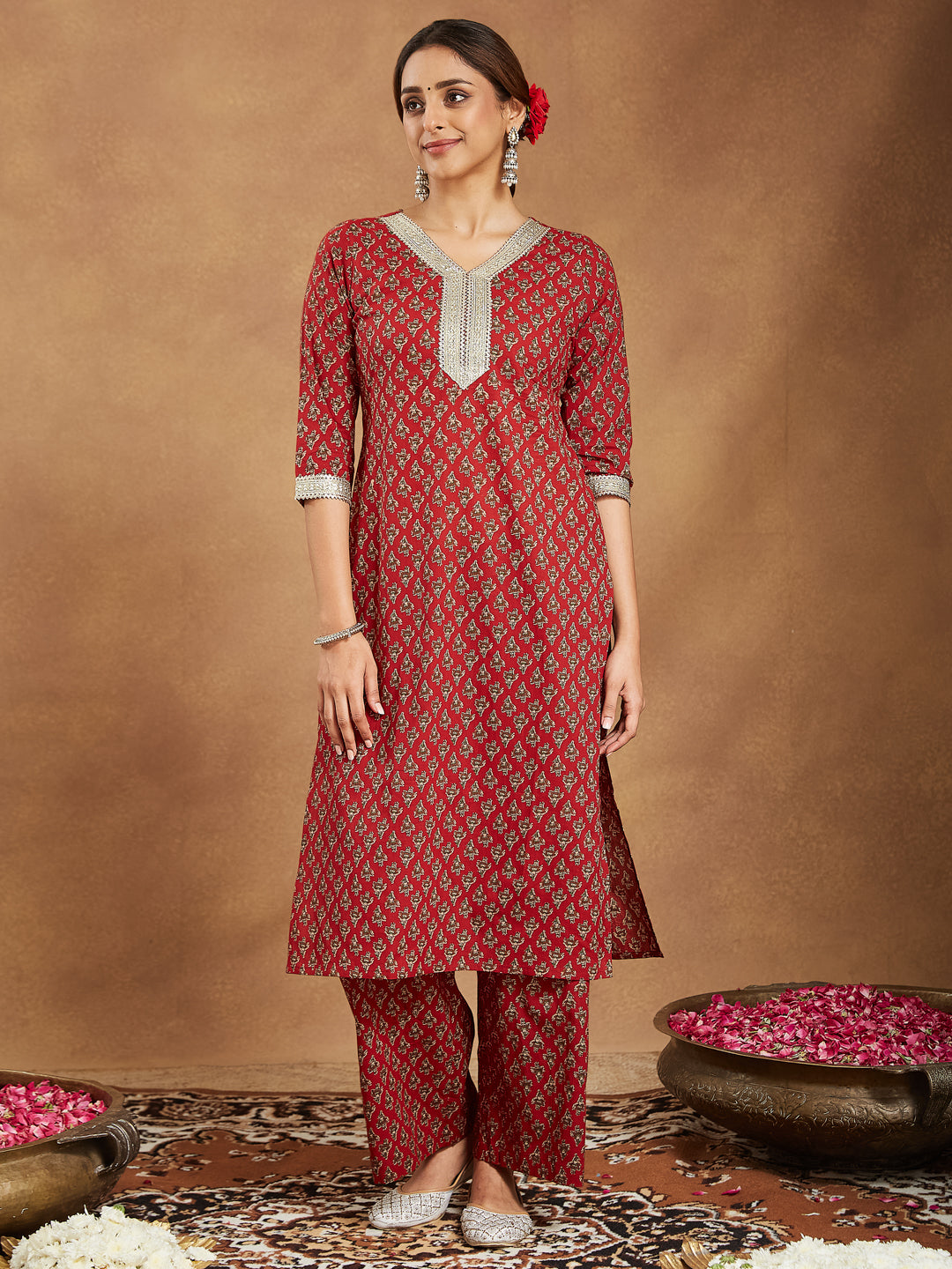 Women's Maroon Pure Cotton Embellished Floral Printed Straight Kurta With Pant Set