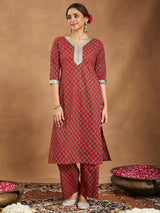 Women's Maroon Pure Cotton Embellished Floral Printed Straight Kurta With Pant Set