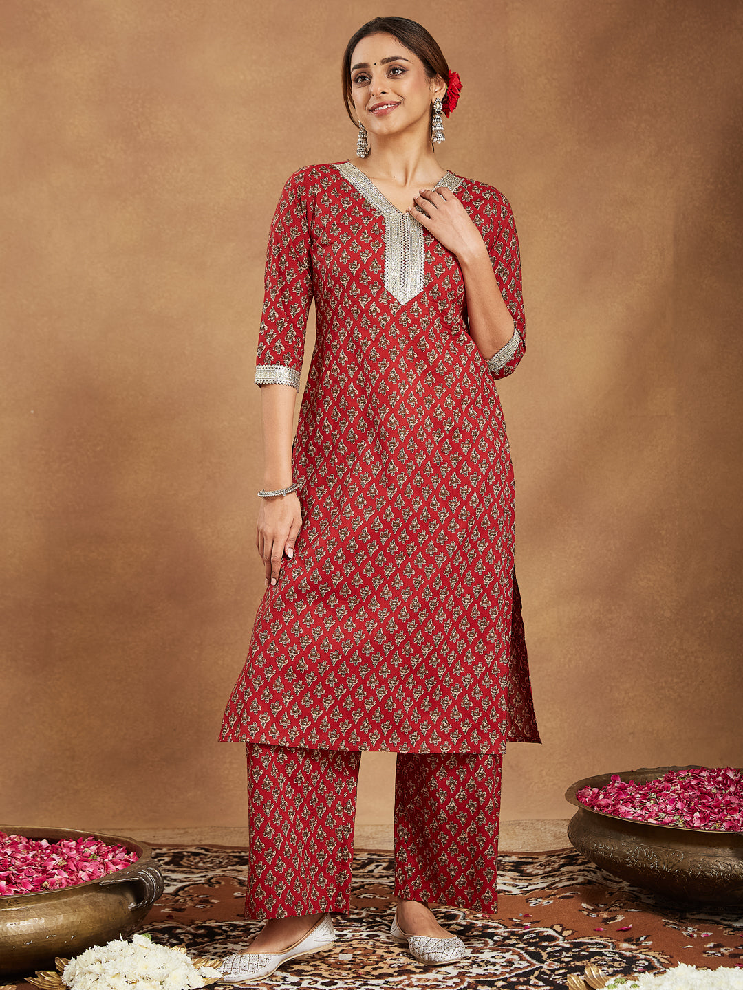 Women's Maroon Pure Cotton Embellished Floral Printed Straight Kurta With Pant Set