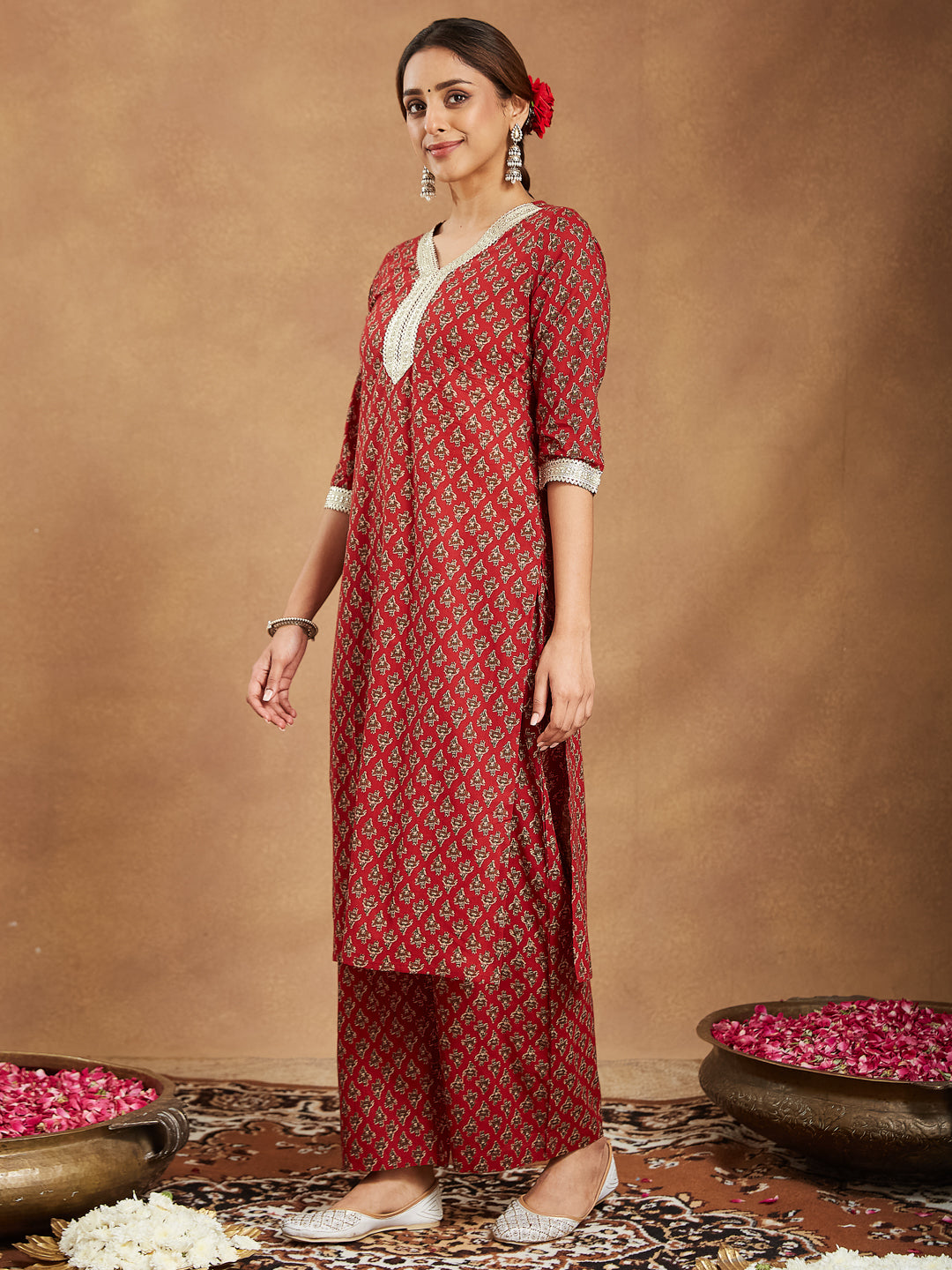 Women's Maroon Pure Cotton Embellished Floral Printed Straight Kurta With Pant Set