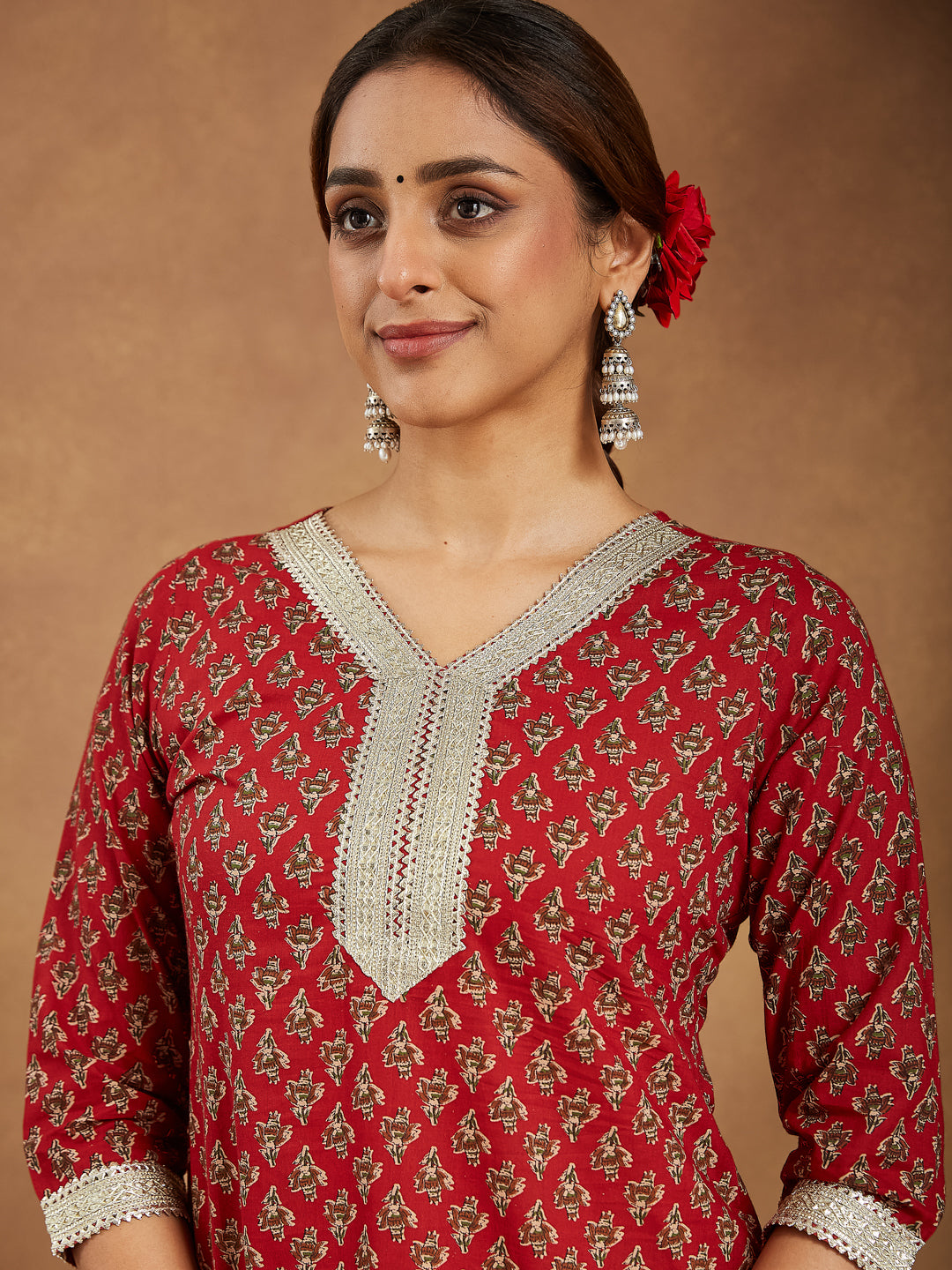 Women's Maroon Pure Cotton Embellished Floral Printed Straight Kurta With Pant Set