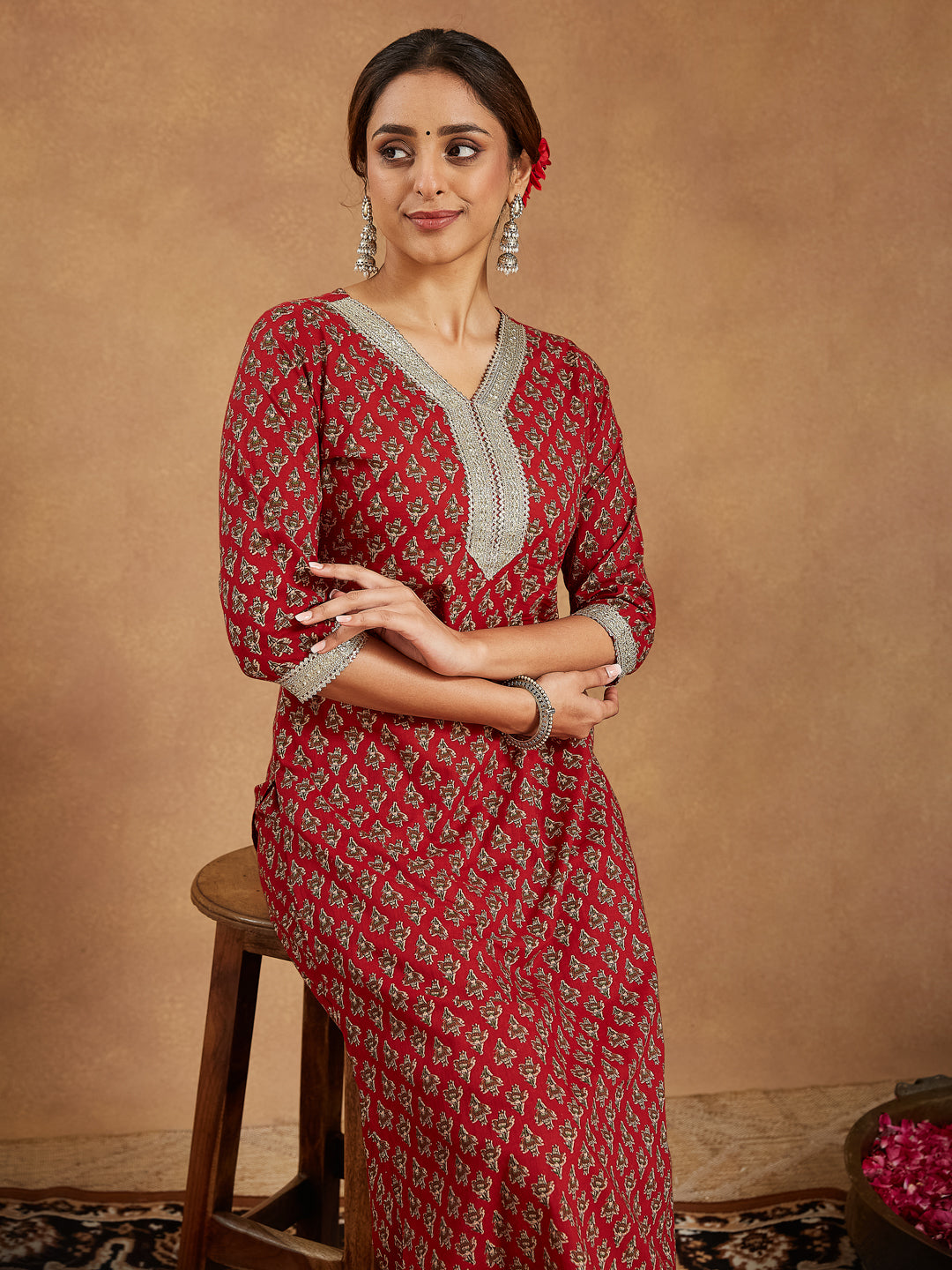 Women's Maroon Pure Cotton Embellished Floral Printed Straight Kurta With Pant Set