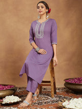 Women's Lavender Pure Cotton Yoke Embroidered Straight Kurta Pant Set