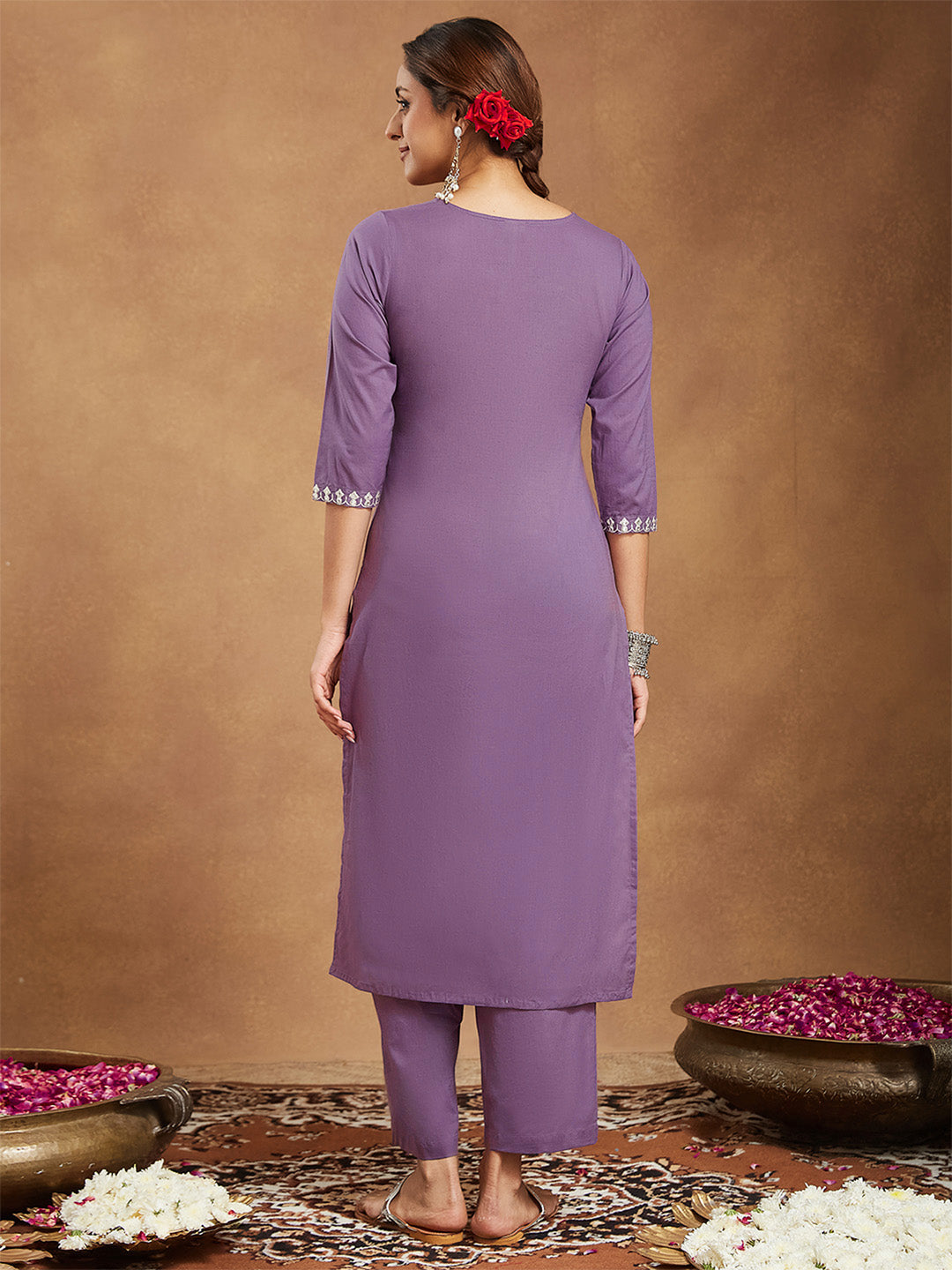 Women's Lavender Pure Cotton Yoke Embroidered Straight Kurta Pant Set