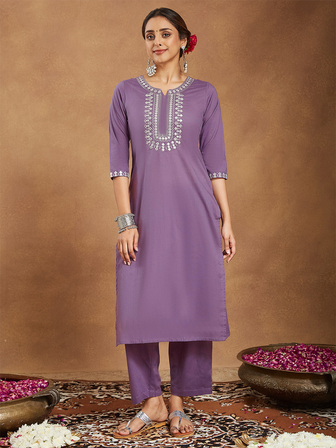 Women's Lavender Pure Cotton Yoke Embroidered Straight Kurta Pant Set