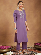 Women's Lavender Pure Cotton Yoke Embroidered Straight Kurta Pant Set