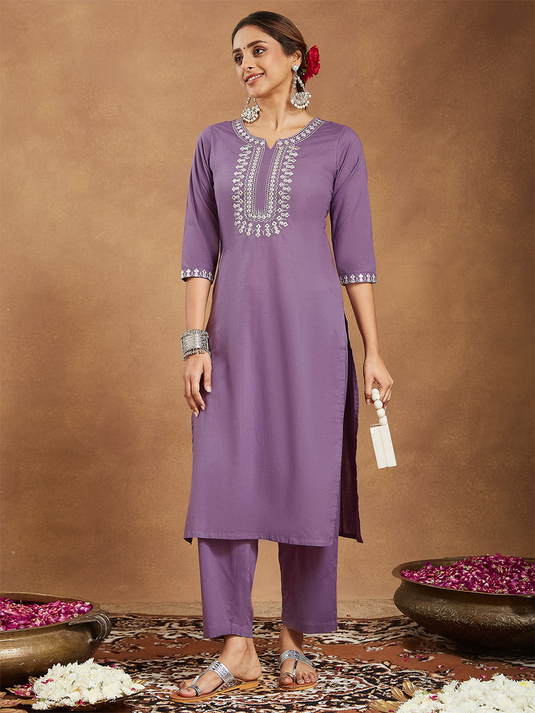 Women's Lavender Pure Cotton Yoke Embroidered Straight Kurta Pant Set