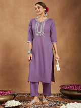 Women's Lavender Pure Cotton Yoke Embroidered Straight Kurta Pant Set