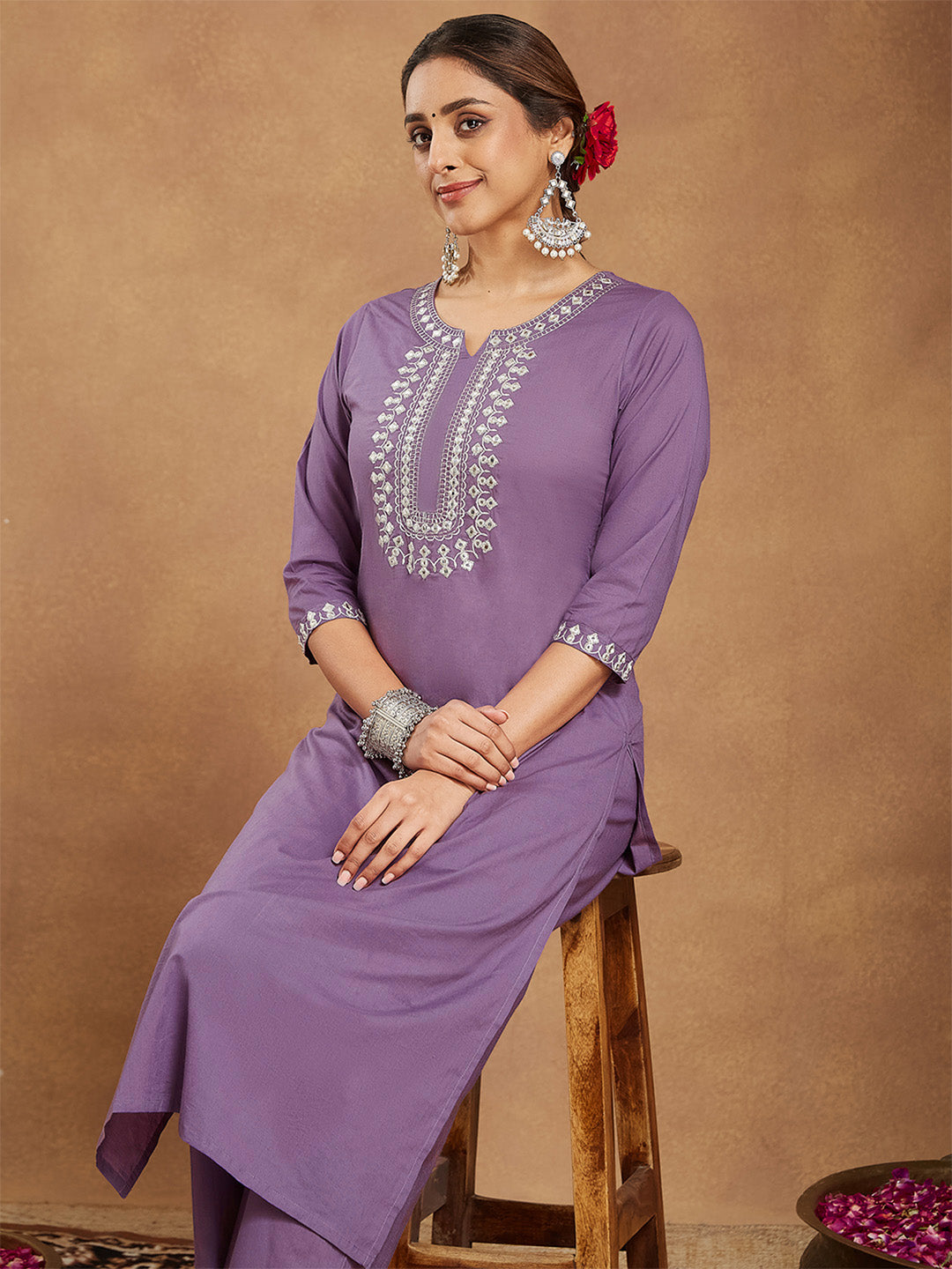 Women's Lavender Pure Cotton Yoke Embroidered Straight Kurta Pant Set
