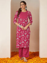 Women's Magenta Pink Pure Cotton Floral Printed Straight Kurta Pant Set