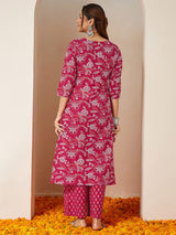 Women's Magenta Pink Pure Cotton Floral Printed Straight Kurta Pant Set