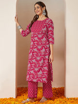 Women's Magenta Pink Pure Cotton Floral Printed Straight Kurta Pant Set
