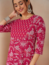 Women's Magenta Pink Pure Cotton Floral Printed Straight Kurta Pant Set