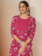 Women's Magenta Pink Pure Cotton Floral Printed Straight Kurta Pant Set