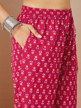 Women's Magenta Pink Pure Cotton Floral Printed Straight Kurta Pant Set