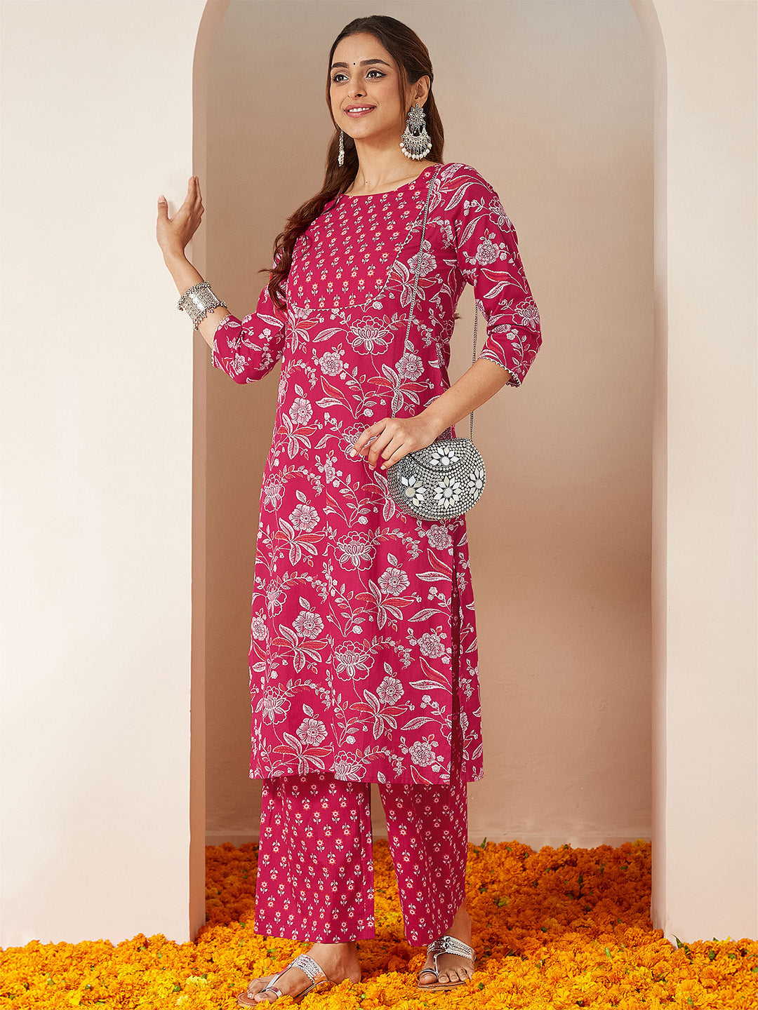 Women's Magenta Pink Pure Cotton Floral Printed Straight Kurta Pant Set