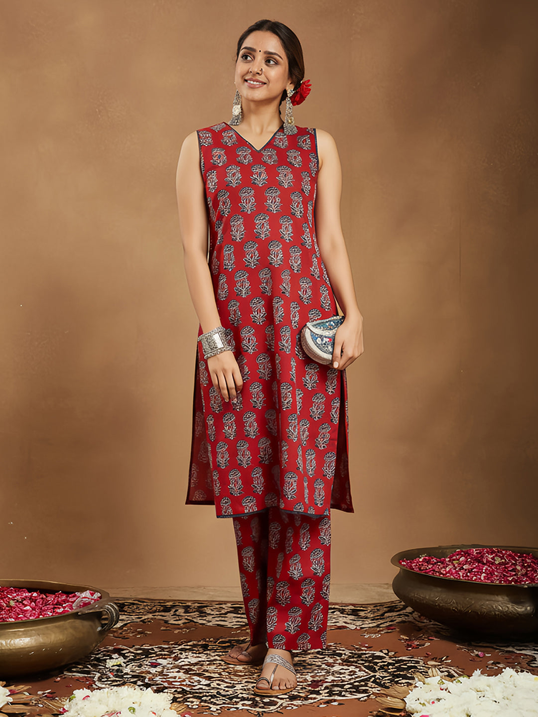 Women's Maroon Pure Cotton Floral Printed Straight Kurta Pant Set