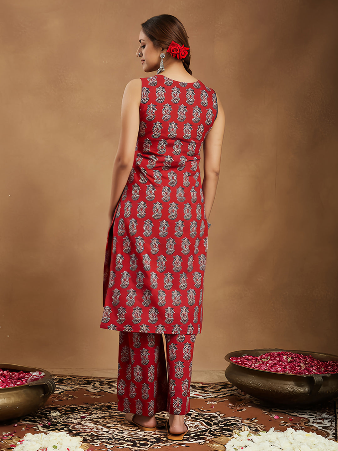 Women's Maroon Pure Cotton Floral Printed Straight Kurta Pant Set