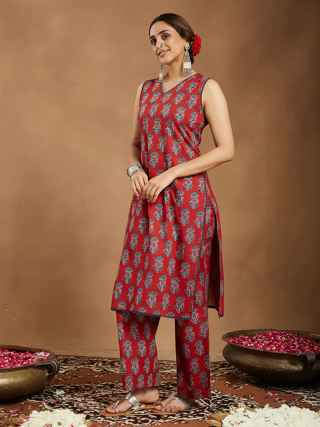 Women's Maroon Pure Cotton Floral Printed Straight Kurta Pant Set