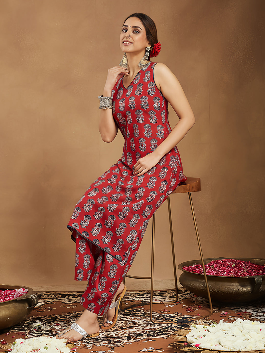 Women's Maroon Pure Cotton Floral Printed Straight Kurta Pant Set