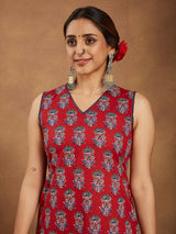 Women's Maroon Pure Cotton Floral Printed Straight Kurta Pant Set