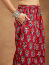 Women's Maroon Pure Cotton Floral Printed Straight Kurta Pant Set