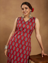 Women's Maroon Pure Cotton Floral Printed Straight Kurta Pant Set