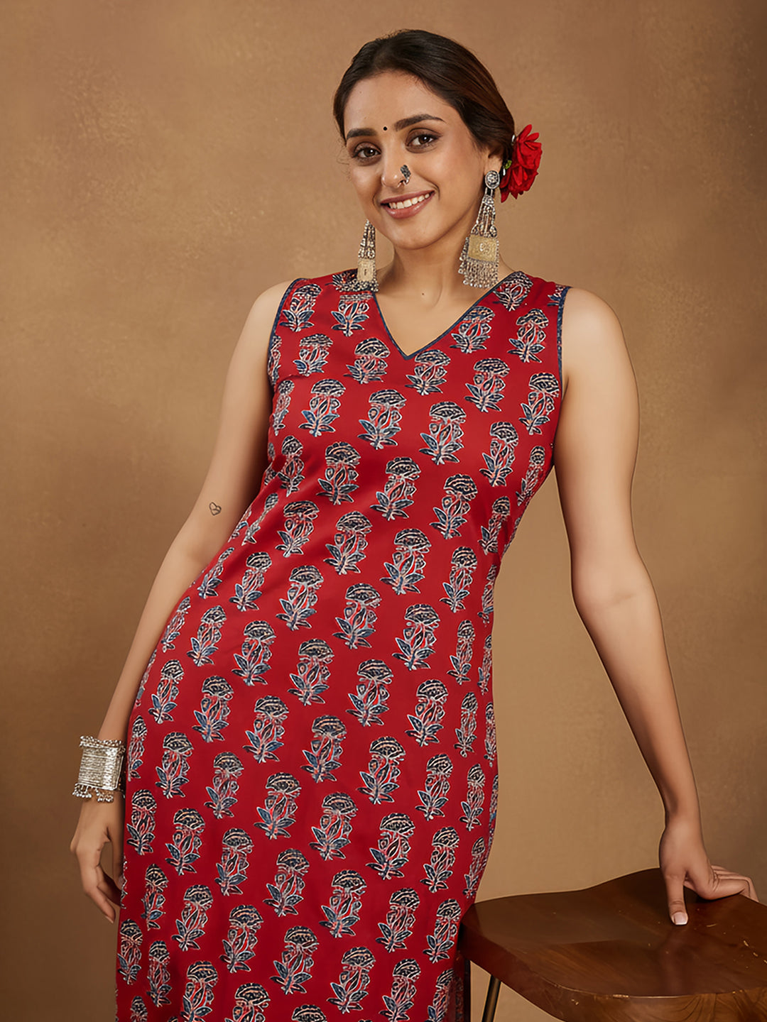 Women's Maroon Pure Cotton Floral Printed Straight Kurta Pant Set