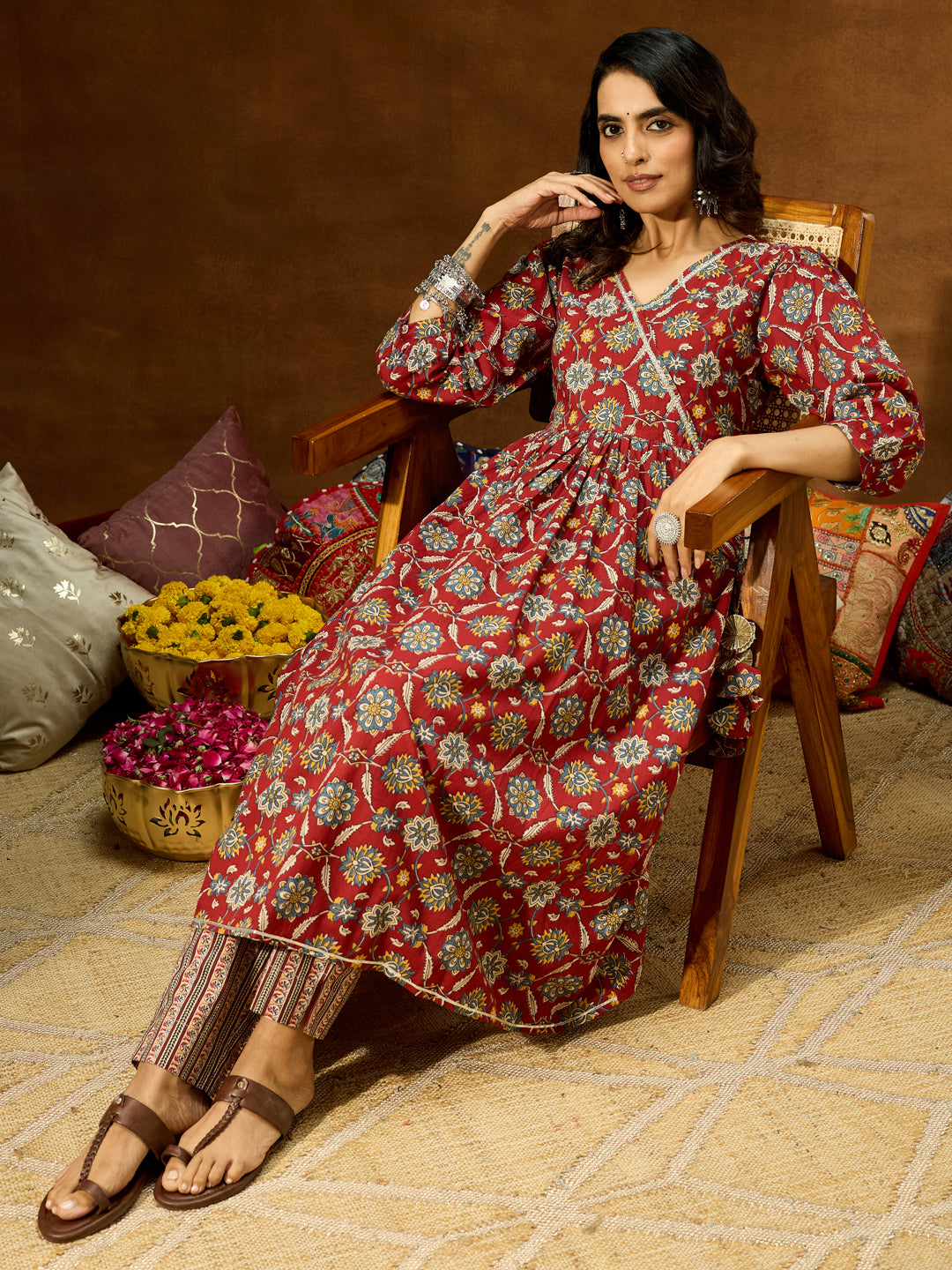 Women's Maroon Pure Cotton Floral Printed A-line Kurta Pant Set