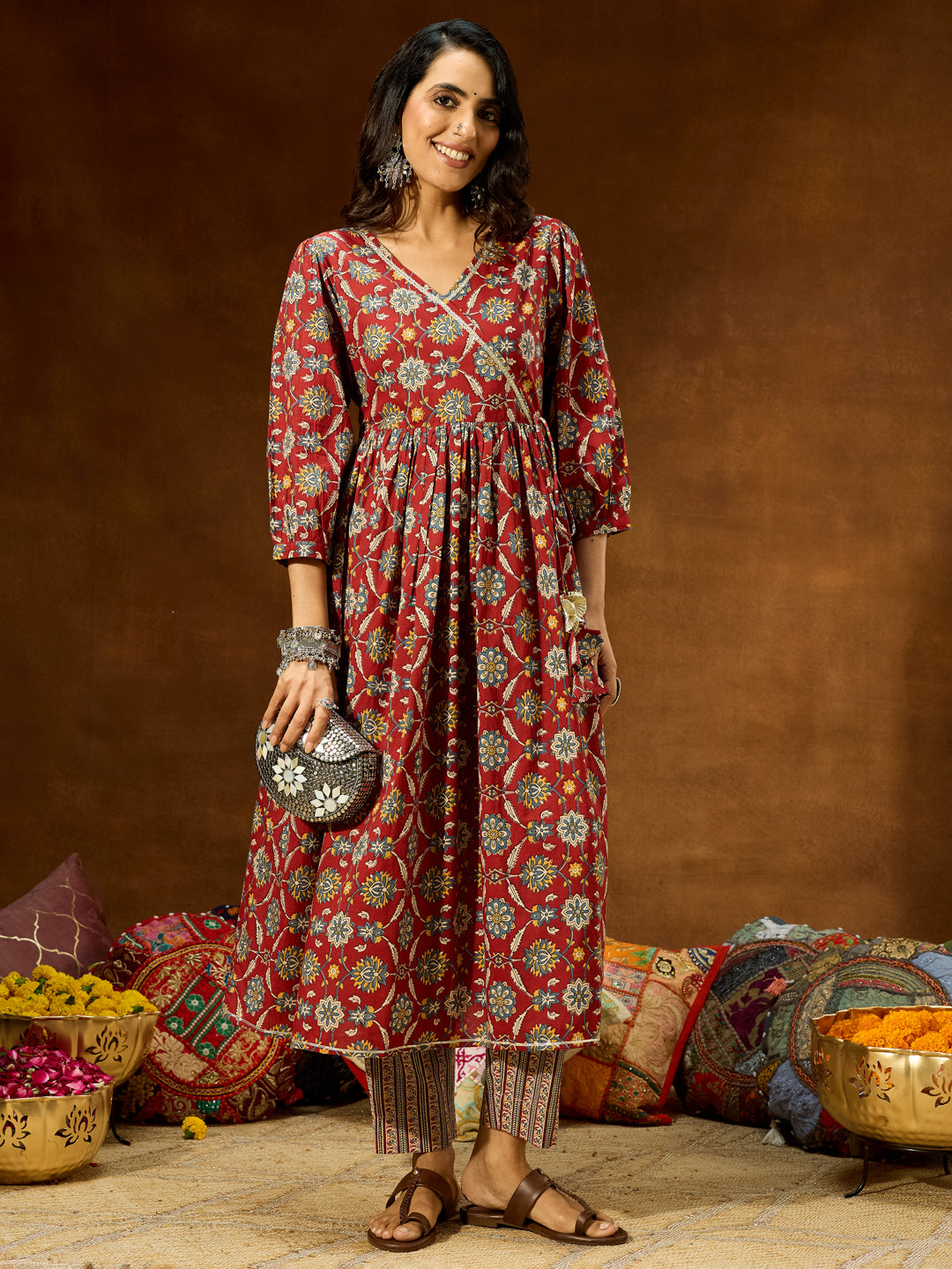 Women's Maroon Pure Cotton Floral Printed A-line Kurta Pant Set