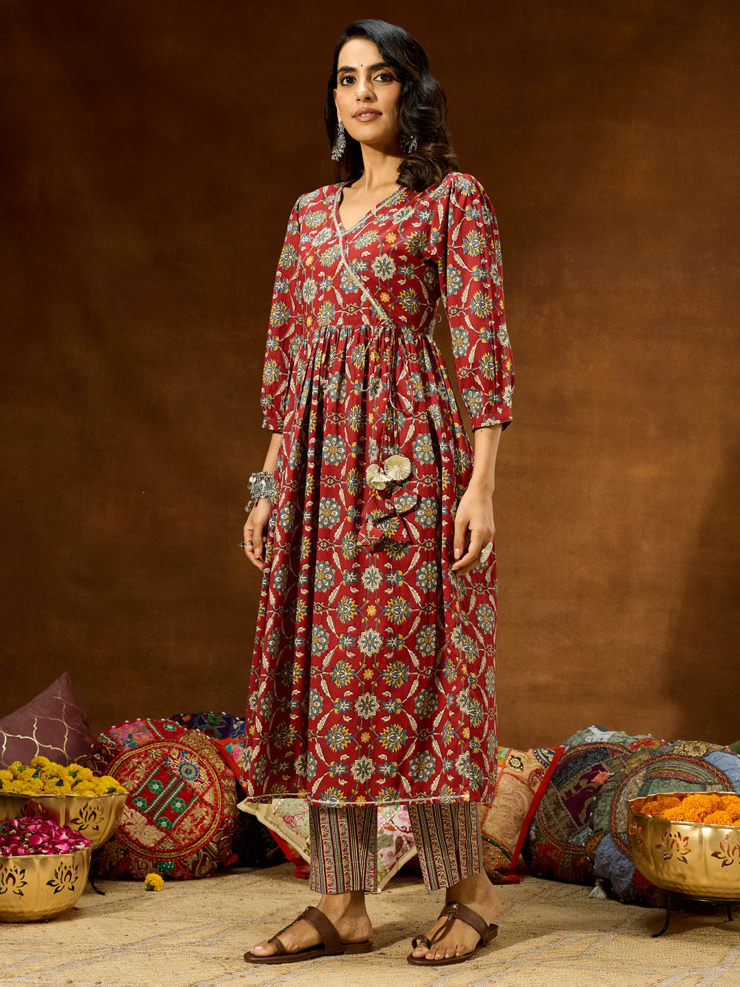 Women's Maroon Pure Cotton Floral Printed A-line Kurta Pant Set