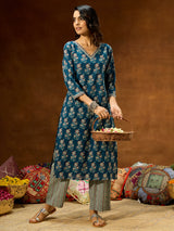 Women's Blue Pure Cotton Floral Printed Straight Kurta Pant Set