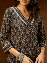 Women's Black Pure Cotton Ethnic Motifs Printed Straight Kurta Pant Set
