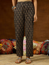 Women's Black Pure Cotton Ethnic Motifs Printed Straight Kurta Pant Set