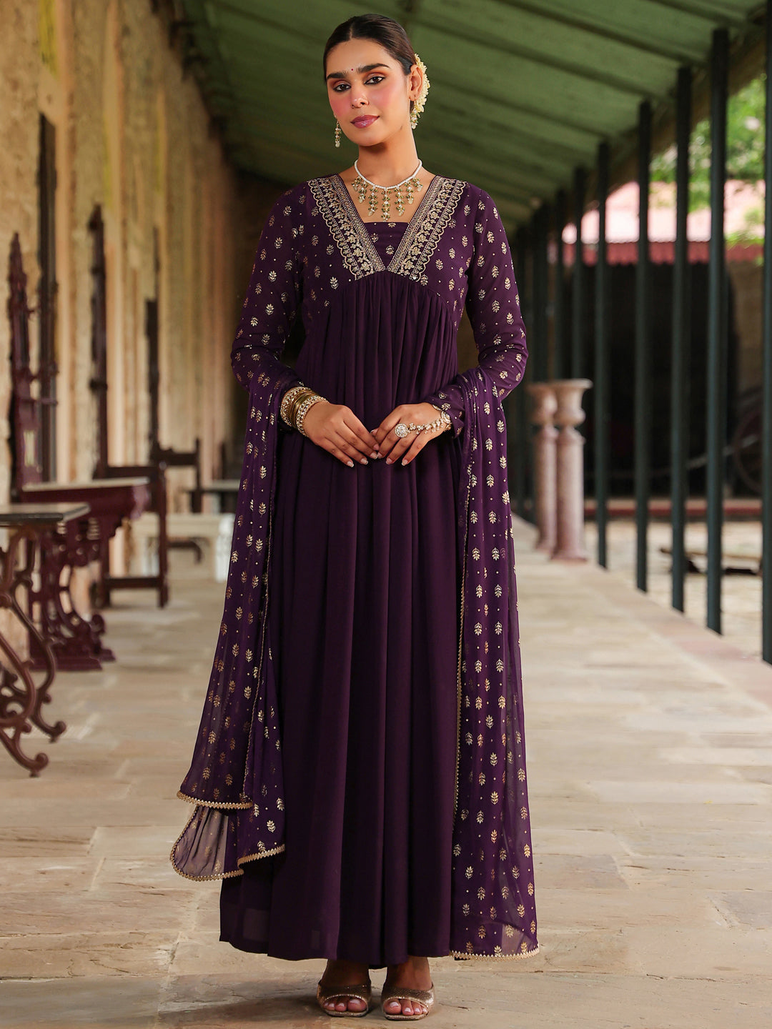 Women's Purple Georgette Embellished Foil Printed Gathered Kurta With Dupatta Set