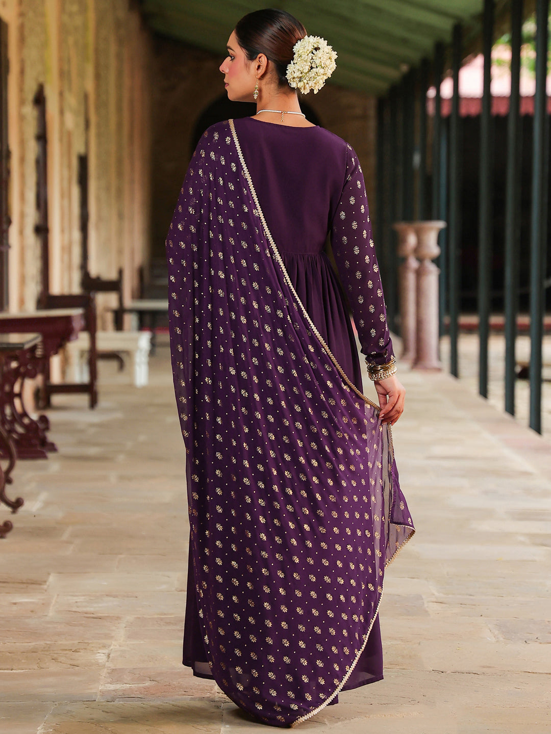 Women's Purple Georgette Embellished Foil Printed Gathered Kurta With Dupatta Set