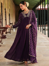 Women's Purple Georgette Embellished Foil Printed Gathered Kurta With Dupatta Set