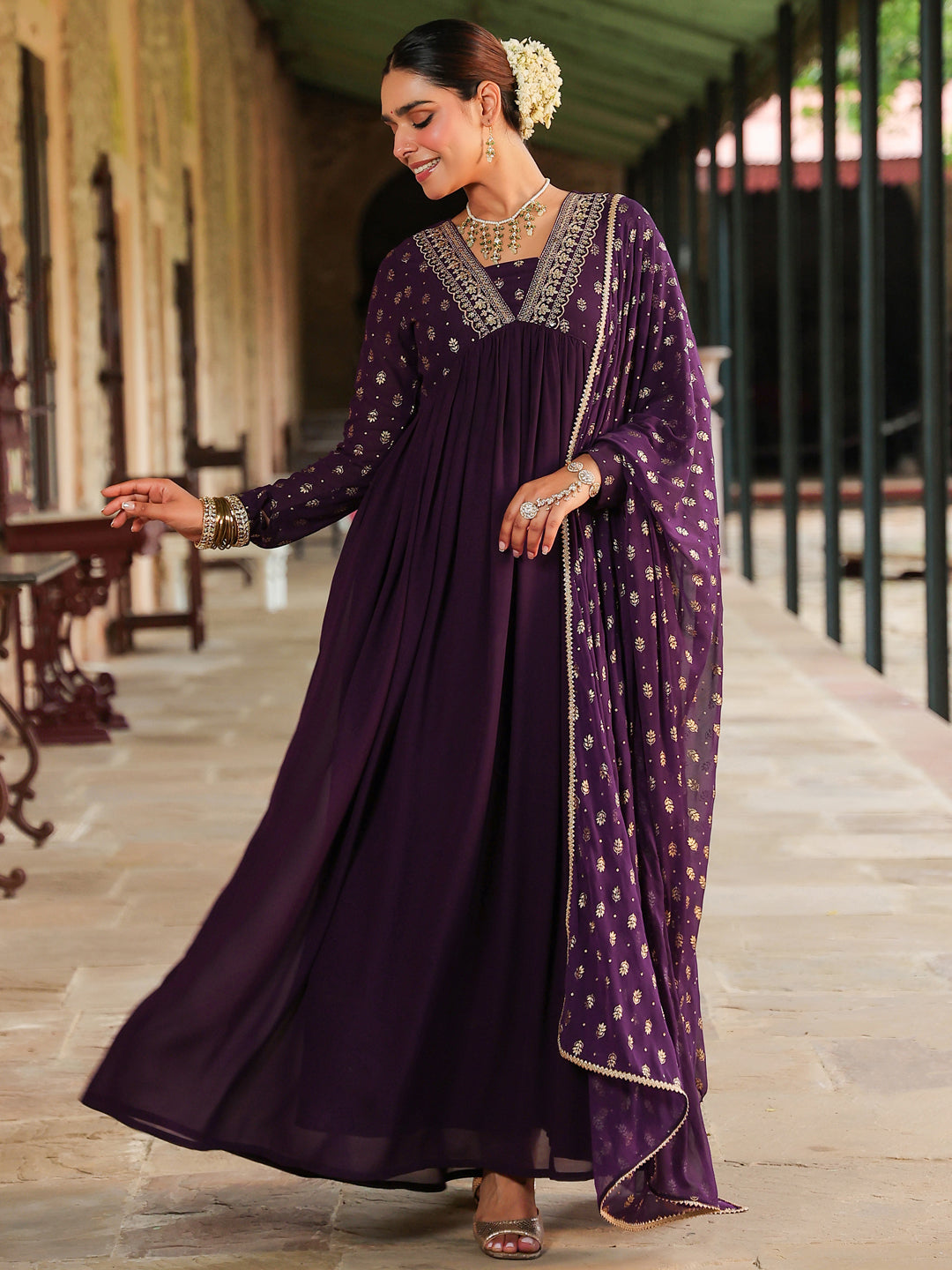 Women's Purple Georgette Embellished Foil Printed Gathered Kurta With Dupatta Set