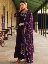 Women's Purple Georgette Embellished Foil Printed Gathered Kurta With Dupatta Set