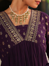 Women's Purple Georgette Embellished Foil Printed Gathered Kurta With Dupatta Set