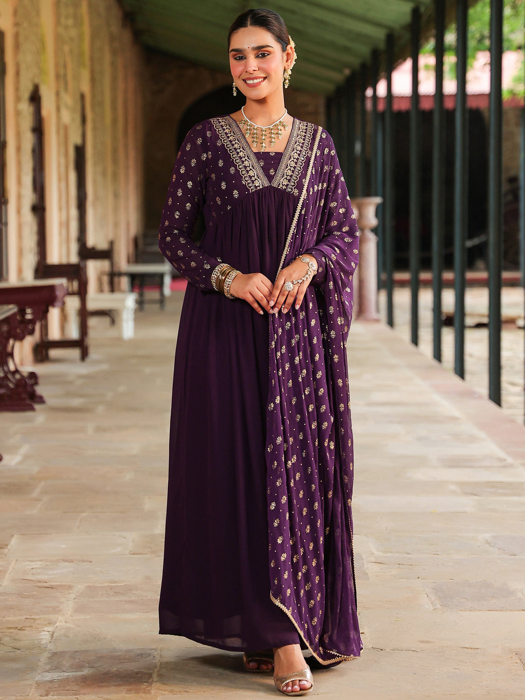 Women's Purple Georgette Embellished Foil Printed Gathered Kurta With Dupatta Set