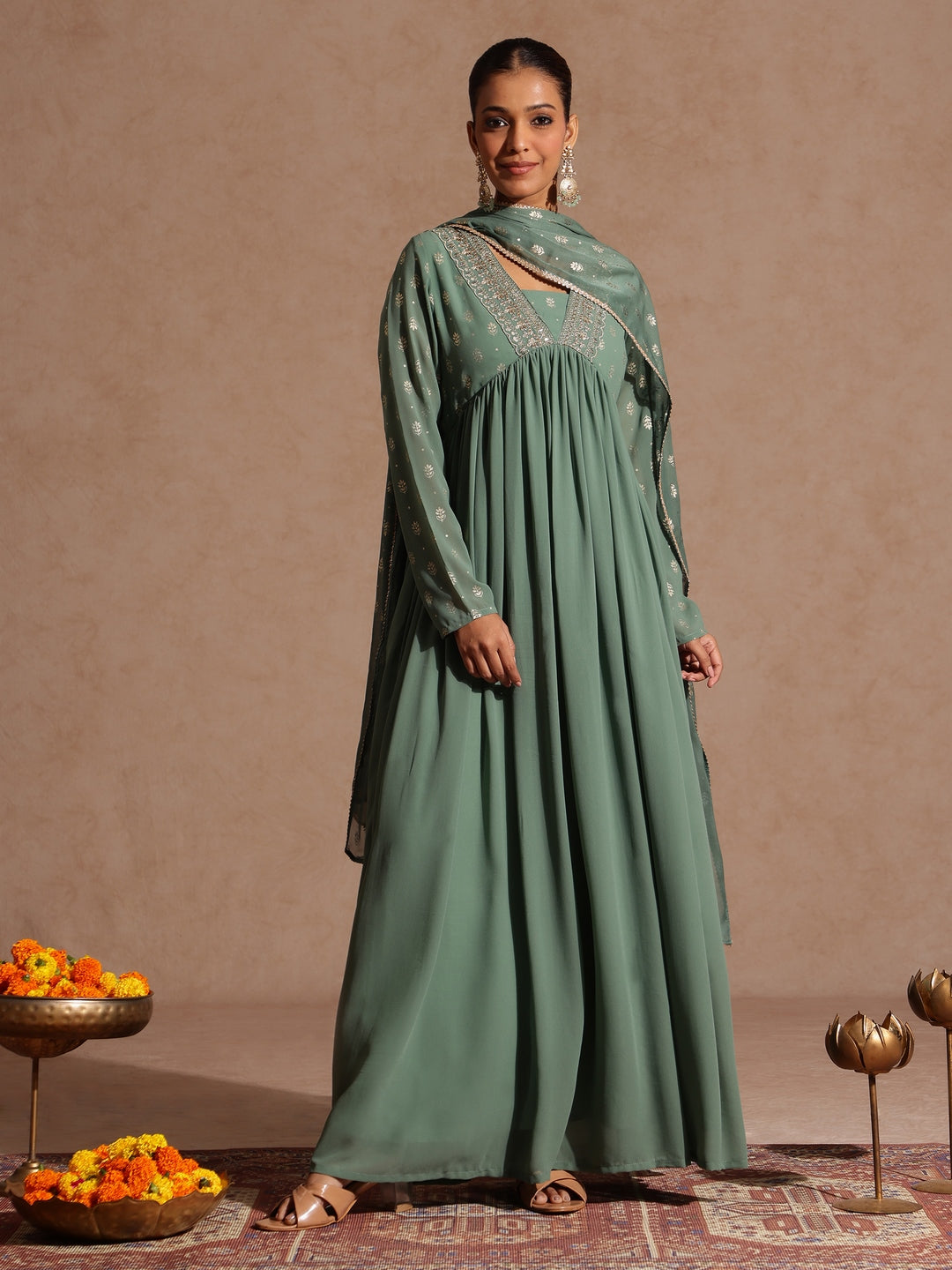 Women's Sage Green Georgette Embellished Foil Printed Gathered Kurta With Dupatta Set