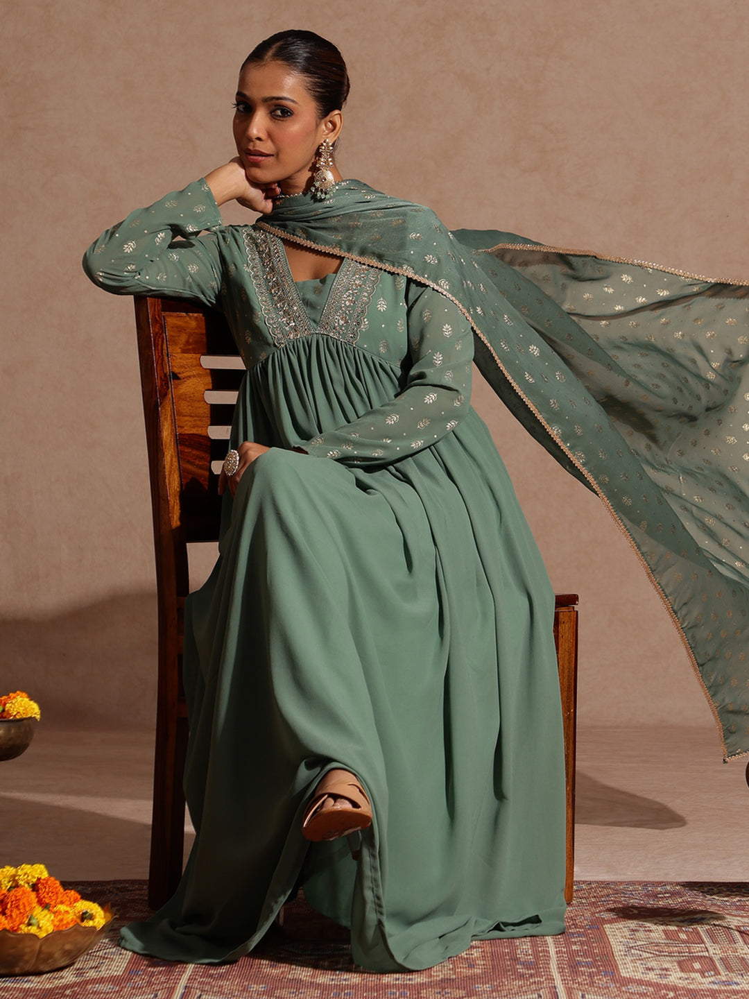 Women's Sage Green Georgette Embellished Foil Printed Gathered Kurta With Dupatta Set