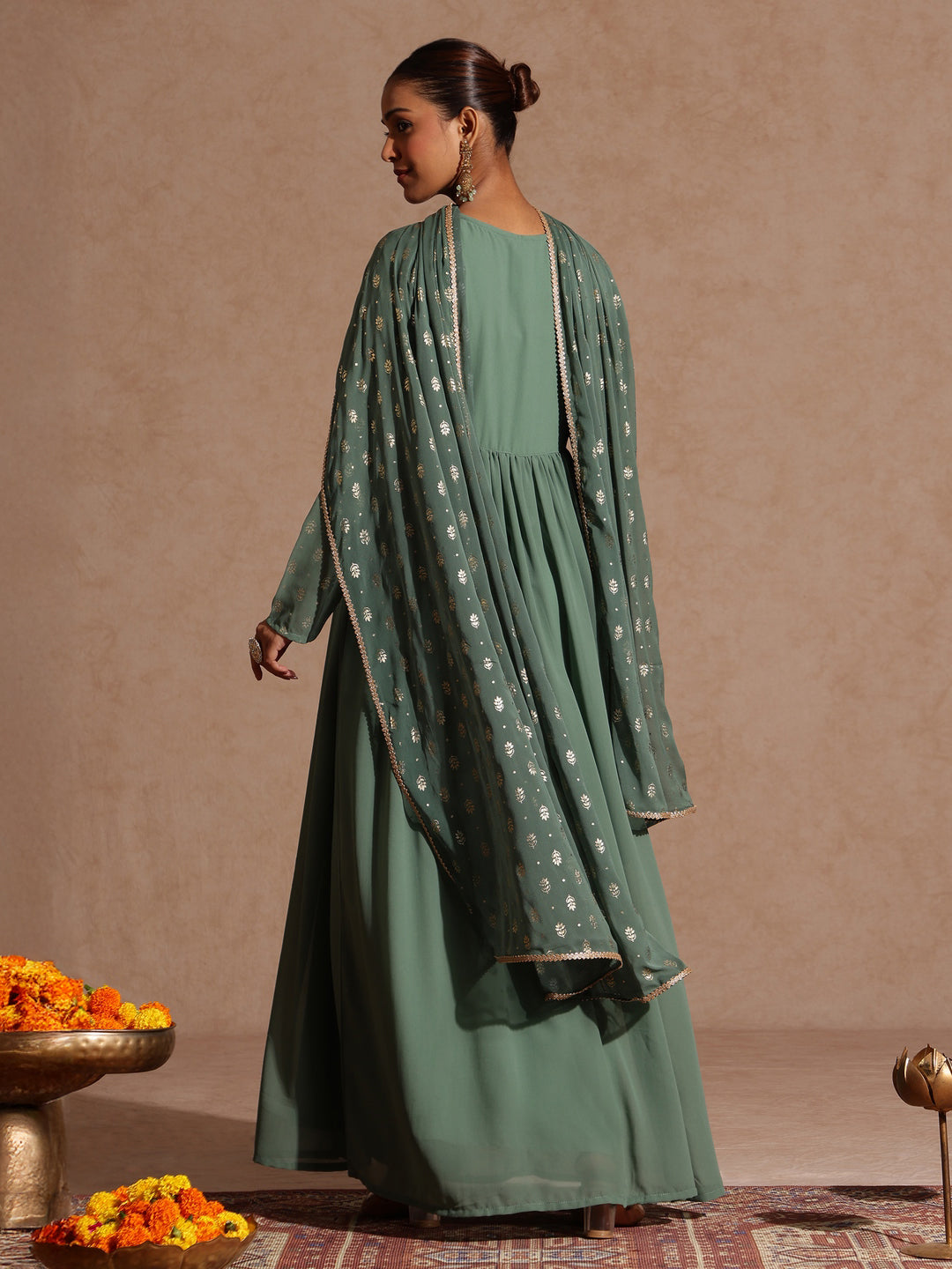 Women's Sage Green Georgette Embellished Foil Printed Gathered Kurta With Dupatta Set