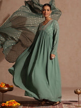 Women's Sage Green Georgette Embellished Foil Printed Gathered Kurta With Dupatta Set