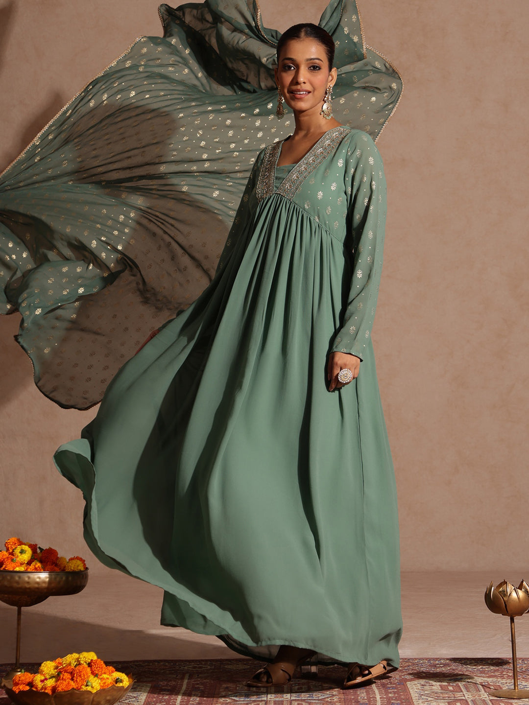 Women's Sage Green Georgette Embellished Foil Printed Gathered Kurta With Dupatta Set